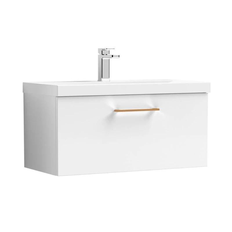 Image of Balterley 800mm Wall Hung 1 Drawer Vanity Basin Unit, Gloss White, Copper Handle in White White Unisex