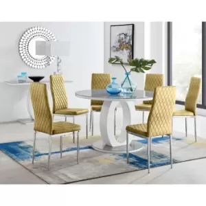 Image of Furniturebox UK - Furniturebox Giovani Grey 120cm Round Dining Table and 6 Mustard Velvet Milan Dining Chairs With Silver Legs