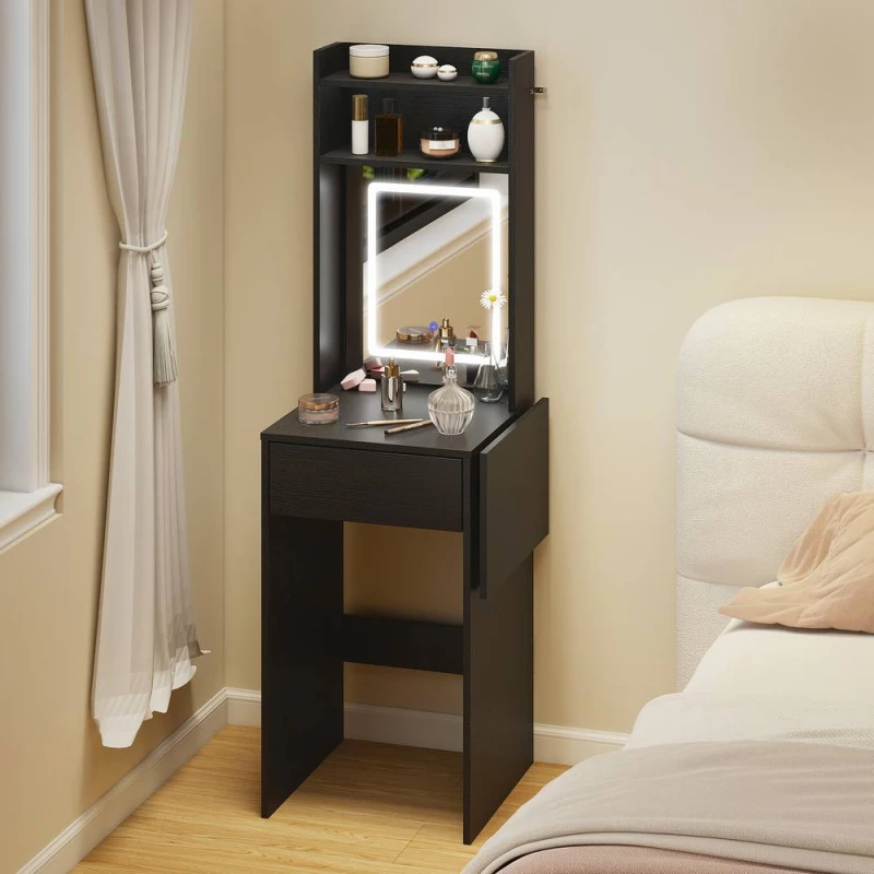 Image of HOMCOM Compact Dressing Table with Lighted Mirror Open Shelves Drawer in Black Unisex