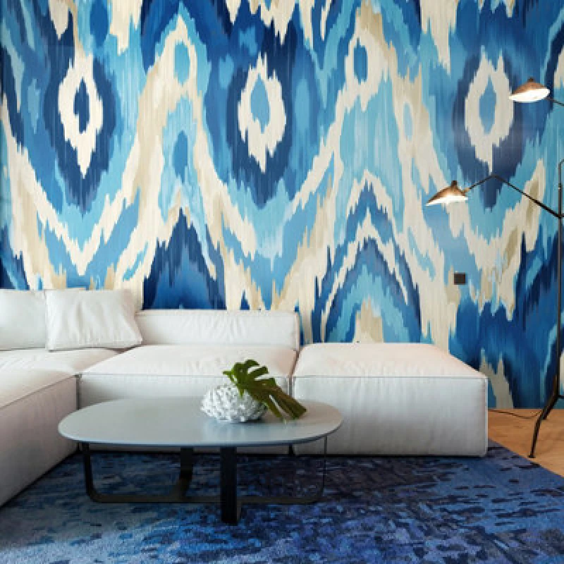 Image of Origin Murals Watercolour Ikat Wall Mural in Blue Size: W350cm x H280cm Blue Unisex W350cm x H280 cm