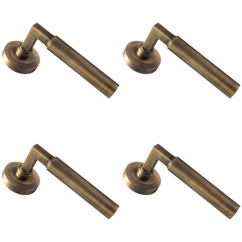 Image of Loops 4x PAIR Straight Round Bar Handle on Round Rose Concealed Fix Antique Brass Metallics