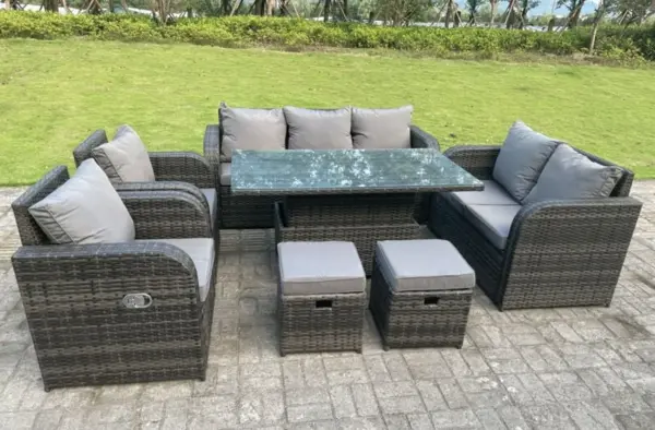 Image of Fimous 7 Seater Outdoor Dark Grey PE Wicker Rattan Lounge Complete Sofa Set with Adjustable Table and 2 Stools