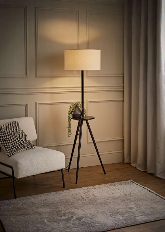 Image of ValueLights ValueLights Desmond Side Table Tripod Floor Lamp with Linen Lamp Shade and Bulb in Black One Size Unisex 5059406069246