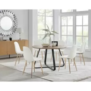 Image of Furniture Box Santorini Brown Round Dining Table and 6 White Corona Gold Leg Chairs