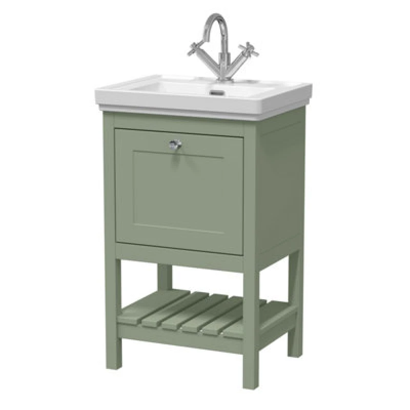 Image of Nuie Old London Bexley Floor Standing 1 Drawer Vanity & 1 Tap Hole Fireclay Basin, Stylish Vanity Unit With Basin, Fern Green, 500mm
