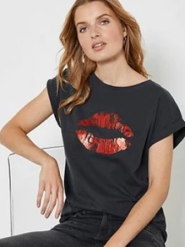 Image of Mint Velvet Lips Print T-Shirt - Grey
