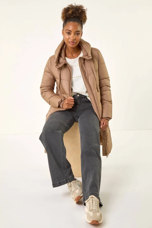Image of Roman Womens Longline Padded Hooded Coat in Tan Size: 14 Tan Female 14