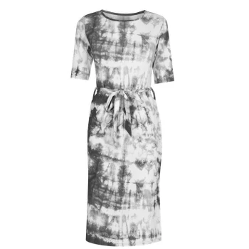 Image of Fabric Tie Dye Ribbed Midi Dress with Tie Waist Detail - Black