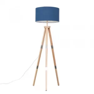 Image of Willow Light Wood Tripod Floor Lamp with XL Navy Blue Reni Shade