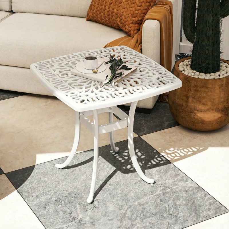 Image of OUTSUNNY 54 x 54cm Aluminium Outdoor Garden Side Table w/ Umbrella Hole, White Size: 54 x 54cm White Unisex 54 x 54 cm