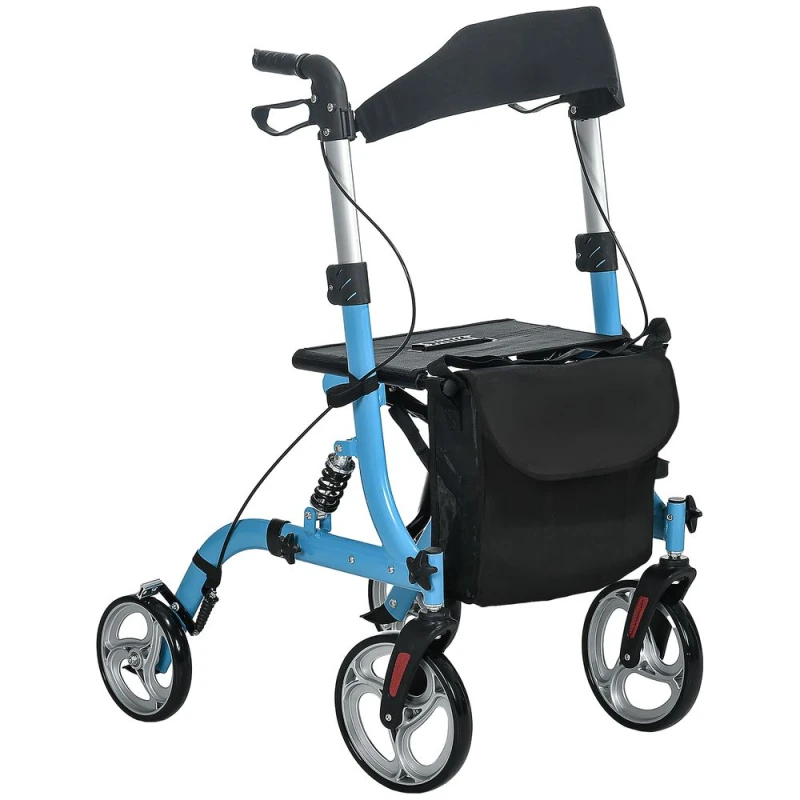 Image of HOMCOM 4 Wheel Rollator with Seat & Back, Lightweight Folding Mobility Walker w/ Large Wheels, Carry Bag, Adjustable Height, Dual Brakes, Blue