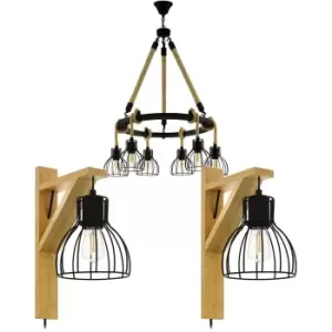 Image of 6 Bulb Ceiling Pendant & 2x Matching Wall Lights Black & Rope Trendy Chandelier