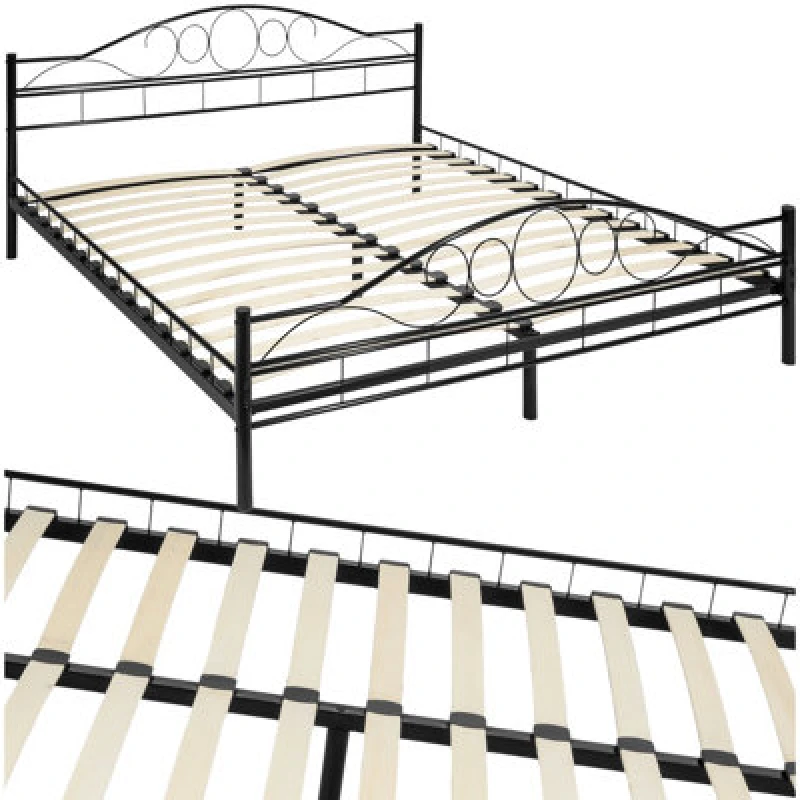 Image of Tectake Metal Bed Frame Art With Slatted Base 200 X 180 Cm - 60 Cm - Black/black