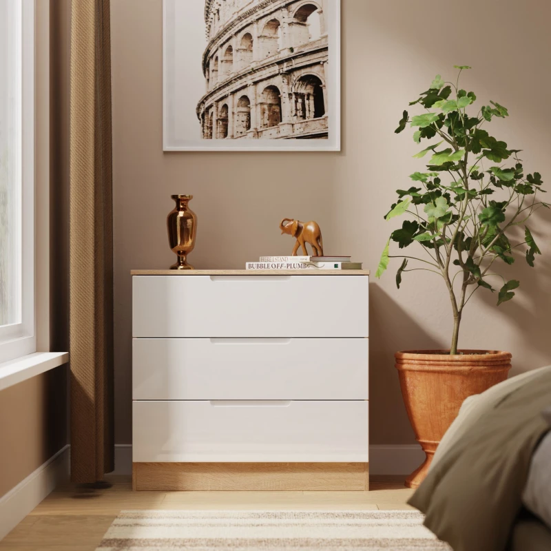 Image of Welcome Furniture Ready Assembled Milan 3 Drawer Chest In White Gloss & Bardolino Oak, White MIL010WGBO