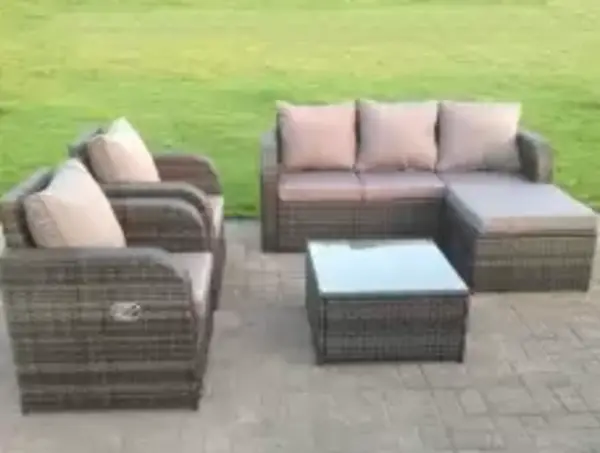 Image of Fimous 5 Seater Outdoor Dark Grey Wicker PE Rattan Garden Furniture with Lounge Sofa, Reclining Chair, and Big Footstool