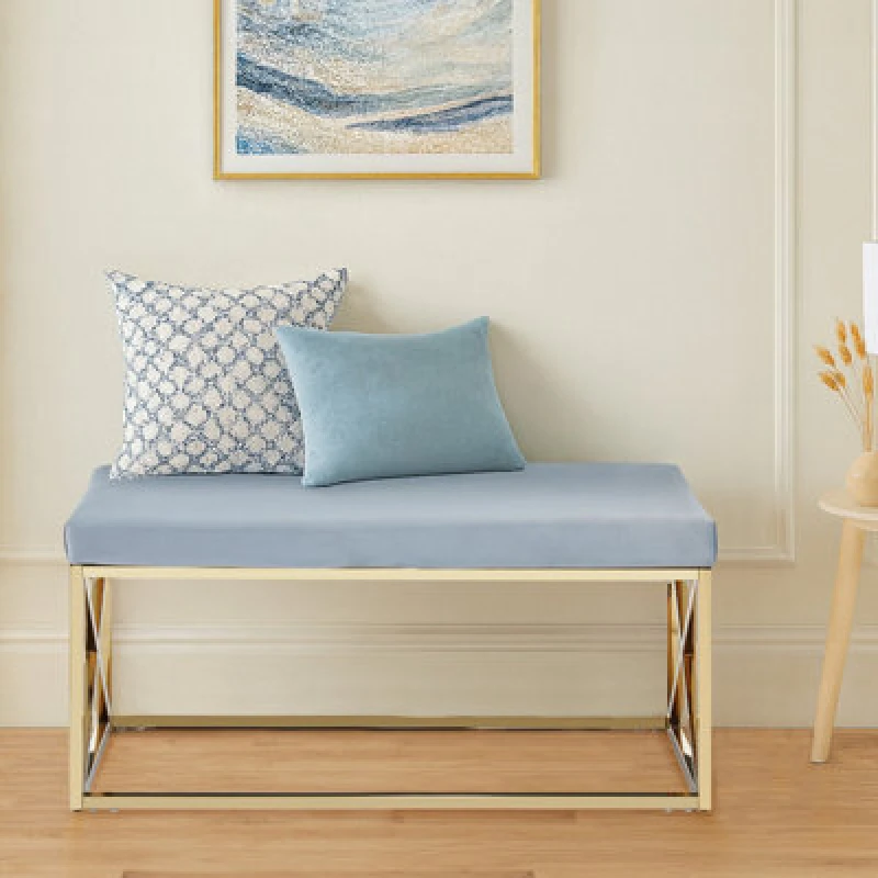 Image of Orsina Luxe Powder Blue Velvet And Gold Bench, Stylish Garden Bench For Outdoor, Accent Dining Bench For Diningroom
