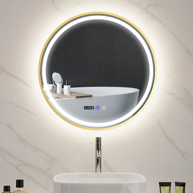 Image of HOMCOM HOMCOM Illuminated Bathroom LED Mirror 60cm Round Wall Mounted Mirror Gold Gold One Size Unisex 5063603866546