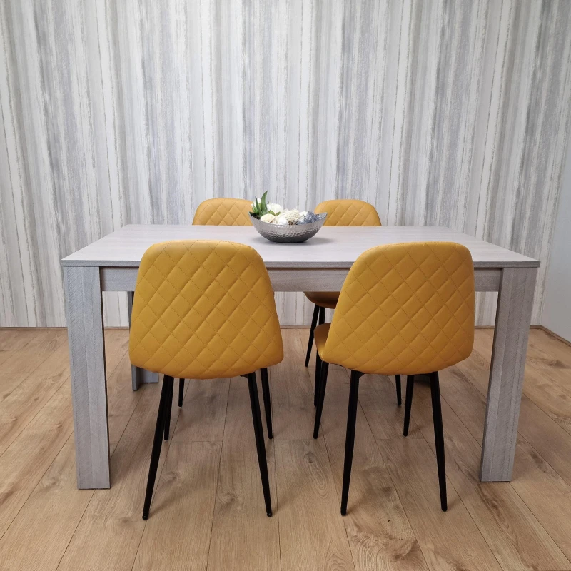 Image of KOSY KOALA Grey Dining Table with 4 Mustard-Stitched Chairs Dining Room set Grey