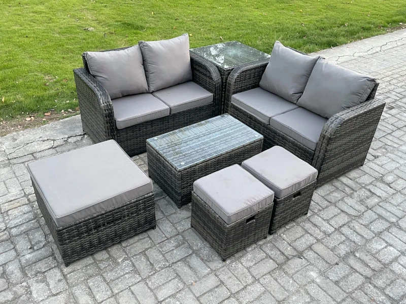 Image of Fimous 7 Seater Garden Furniture Set Rattan Outdoor Lounge Sofa Chair With Tempered Glass Table 3 Footstools Side Table Dark Grey Mixed Dark Grey