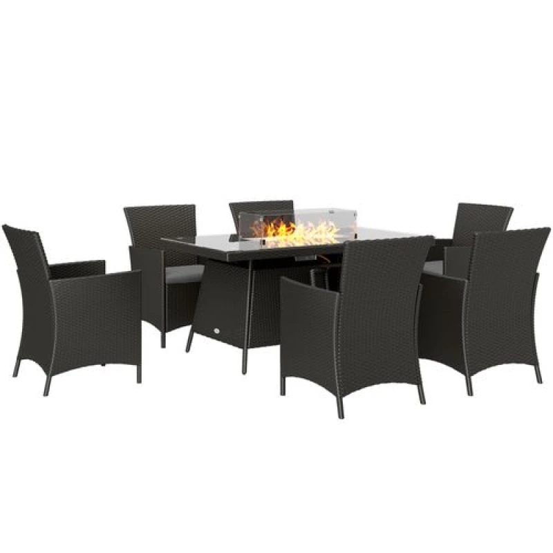 Image of Outsunny Outsunny Rattan Dining Set with Fire Pit Table and Armchairs, Black