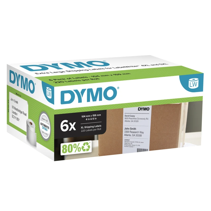 Image of Dymo DYMO Authentic LabelWriter Extra Large Shipping Labels 104mm x 159mm Self Adhesive 6 Rolls of 220 Easy-Peel Labels (1,320 Count) for La