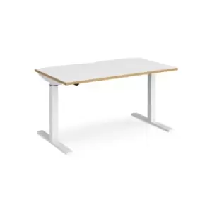 Image of Height Adjustable Desk Rectangular Desk 1400mm White/Oak Tops With White Frames 800mm Depth Elev8 Mono