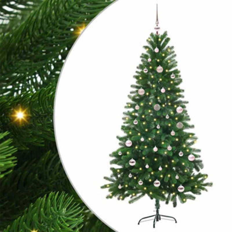 Image of vidaXL Christmas Tree with 150 LEDs, Pink Balls with Stand Green 150cm PE, Green 3396320