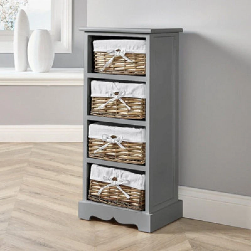 Image of Home Source Lichfield Fully Assembled 4 Wicker Basket Drawer Chest Storage Unit Grey