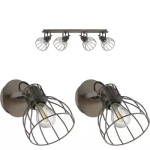 Image of Quad Ceiling Light & 2x Matching Wall Lights Industrial Metal Cage Asjustable