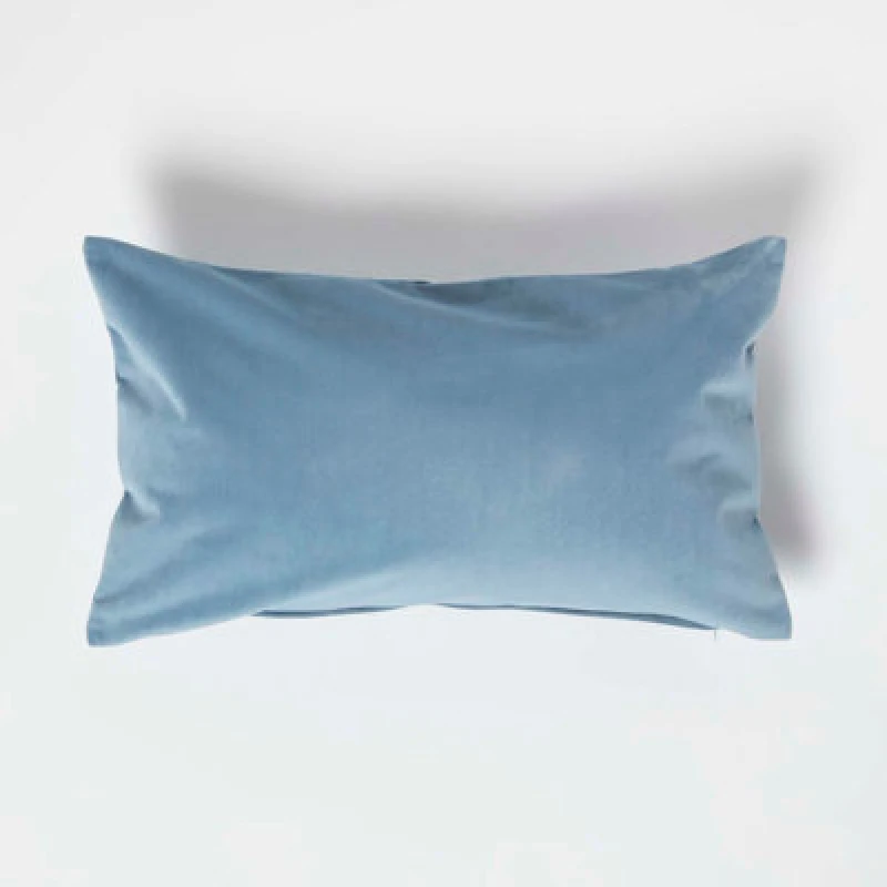 Image of Homescapes Blue Velvet Cushion, Bolster 30 X 50 Cm