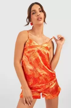 Image of 3 Piece Floral Satin Cami Pj Short Set & Scrunchie