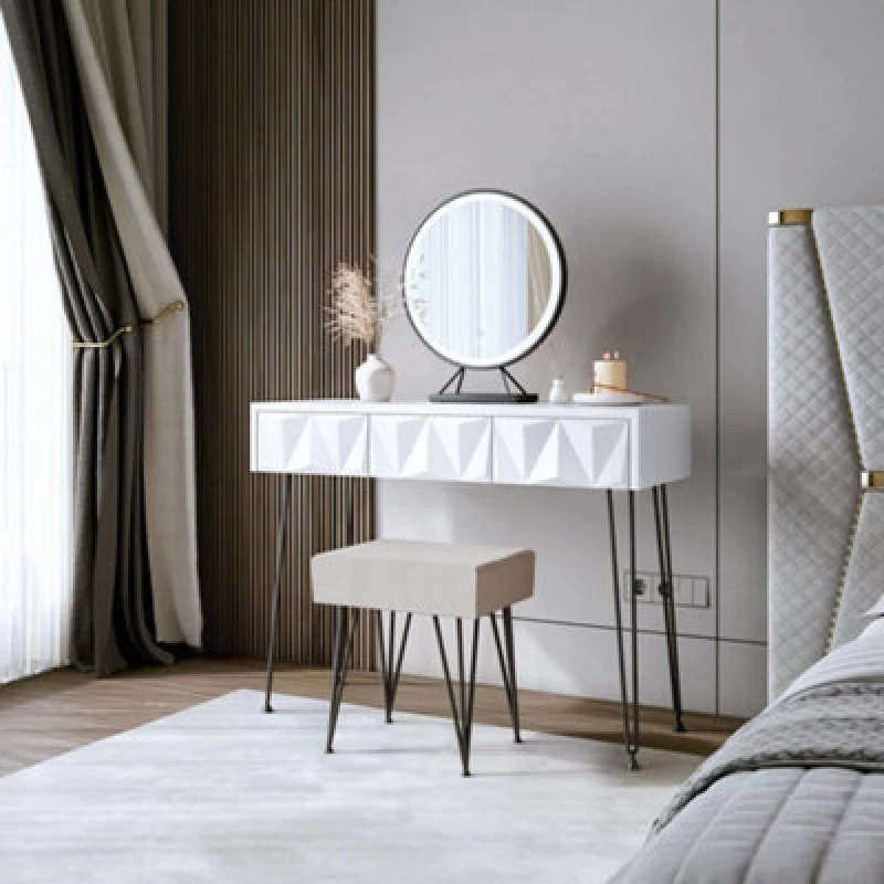Image of CARME Home Claudia Dressing Table & Stool White/black Leg With Belle Black LED Mirror