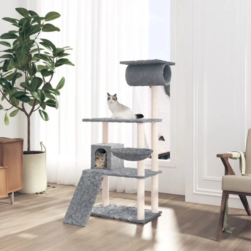 Image of vidaXL Cat Tree w/ Sisal Scratching Posts Light Grey 131cm, Grey 171604