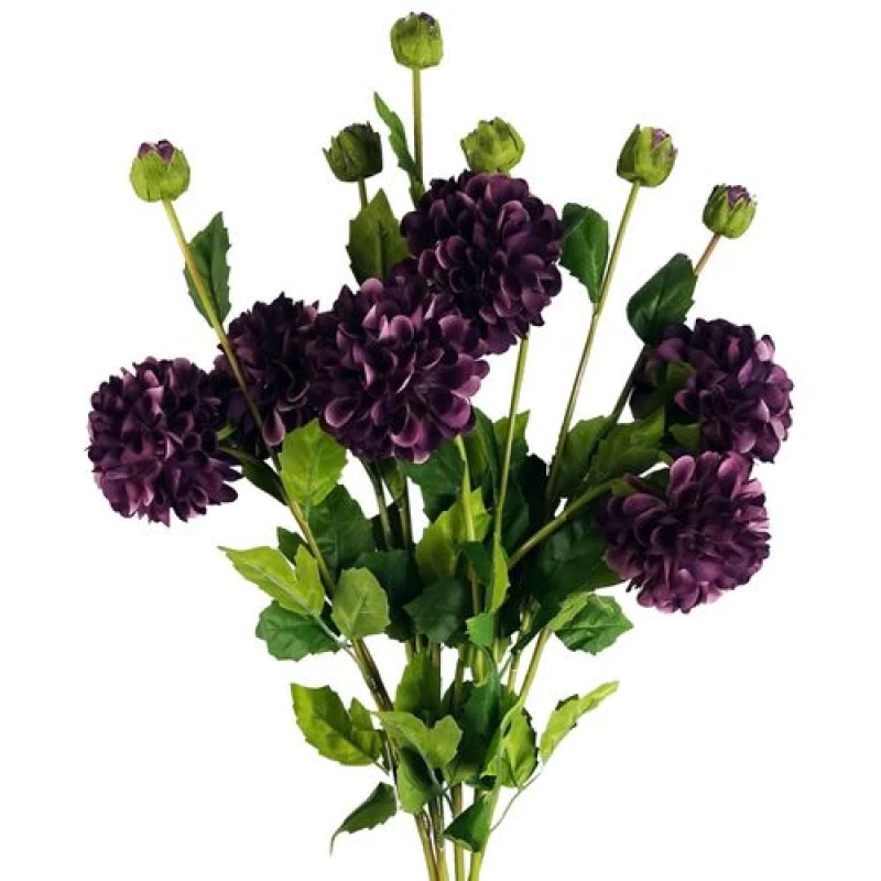 Image of Leaf Pack of 6 x 75cm Artificial Dahlia PomPom Flower Stem Purple