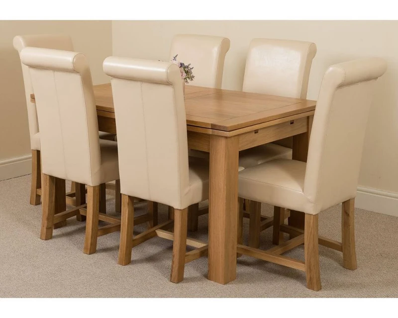 Image of Thats Furniture Richmond 140-220cm Oak Extending Dining Table + 6 Washington Leather Chairs in Cream Cream Unisex