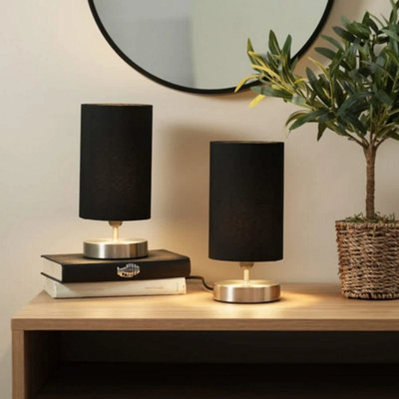 Image of ValueLights Francis Brushed Chrome Touch Table Lamps with Fabric Shade Black