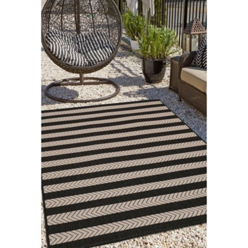 Image of Melrose Eden Monochrome Stripe Design Pile Height 3mm Indoor Outdoor Medium Area Rug - 120/170Cm