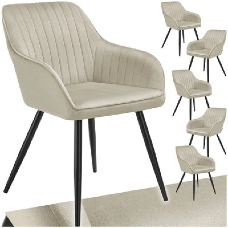 Image of Tectake Set Of 6 Chair Marilyn - Velvet Look, Quilted, Continuous Backrest, Slim Steel Legs - Cream/black