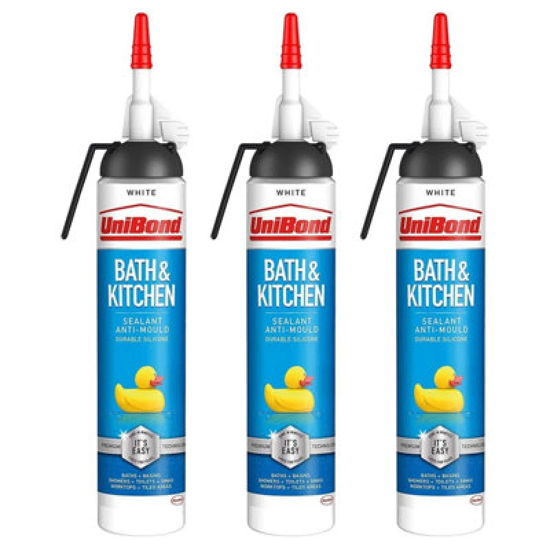 Image of Unibond Mould Resistant Bath & Kitchen Silicone Sealant White, 208G, 3Pk