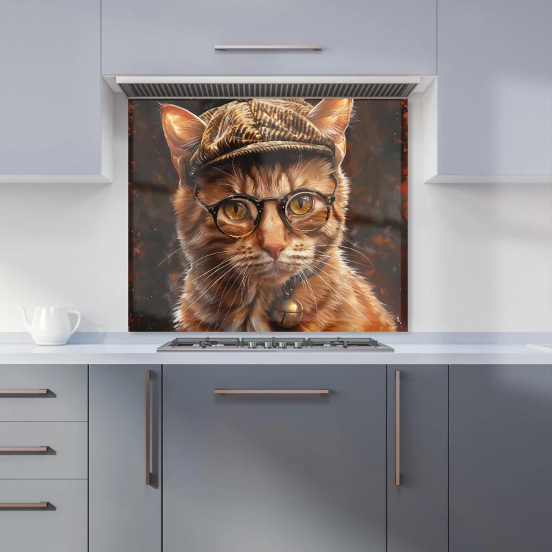 Image of Warren Reed - Designer Dapper Ginger Cat with Cap Kitchen Splashback Size: 900mm x 650mm Multicolor Unisex 900mm x 650mm