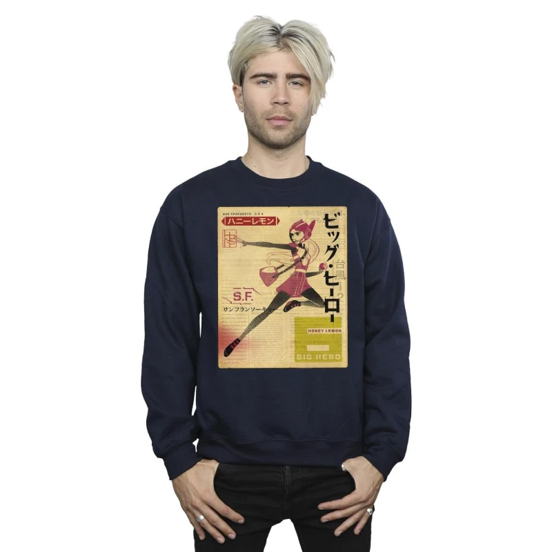 Image of Disney Men Big Hero 6 Baymax Honey Lemon Newspaper Sweatshirt in Navy Size: Small Navy S Male 5059934872080