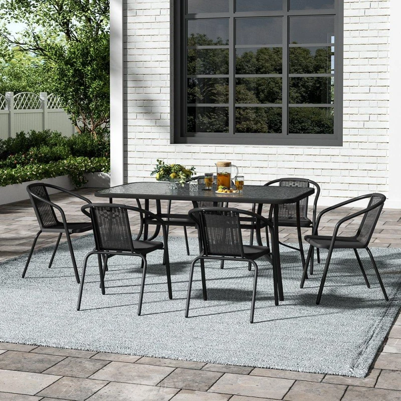Image of Breeins Outdoor Tempered Glass Coffee Table with 6 Chairs - Black L