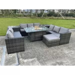 Image of Fimous 9 Seater Outdoor Dark Grey Rattan Lounge Complete Sofa Set with Gas Fire Pit Table, Heater and Big Footstool