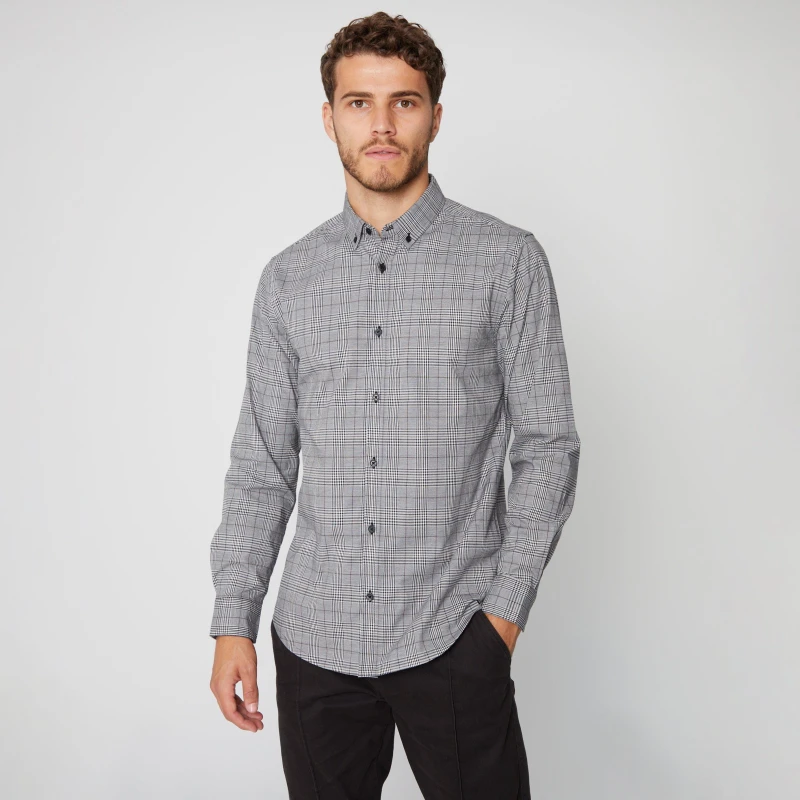 Image of Threadbare 'Zedd' Cotton Long Sleeve Check Shirt With Stretch Grey