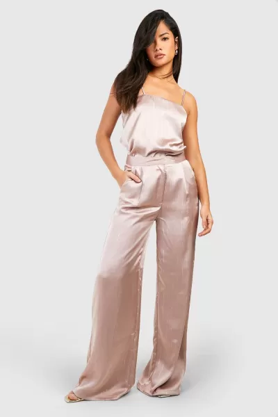 Image of Matte Satin Metallic Pinstripe Wide Leg Trousers