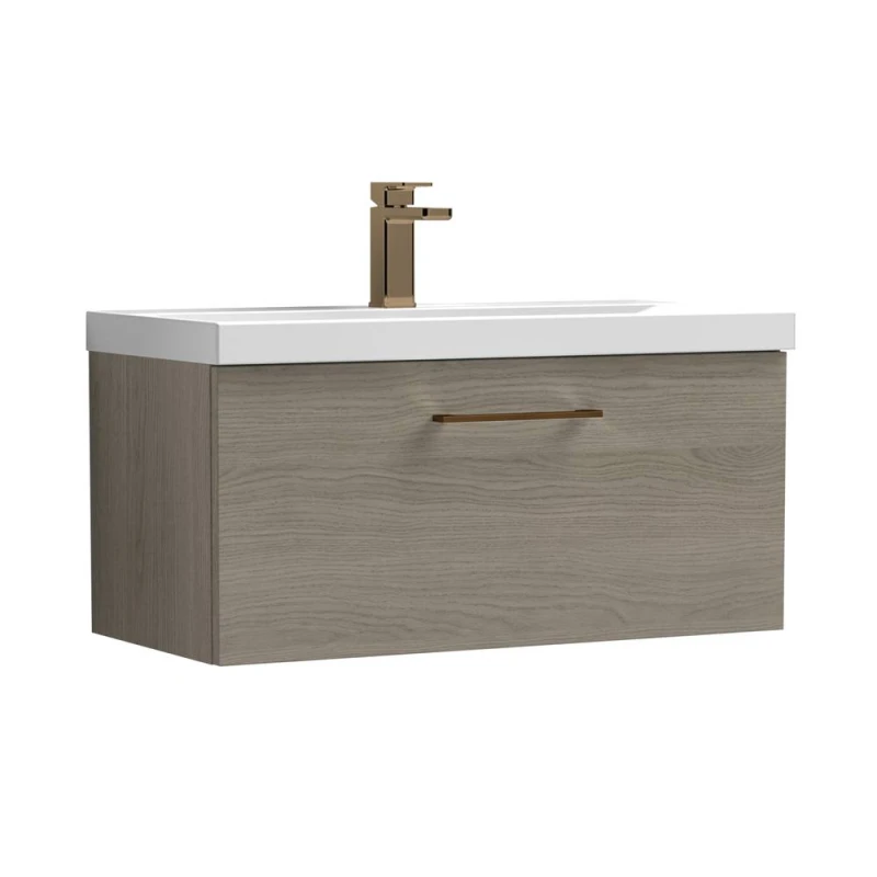 Image of Balterley 800mm Wall Hung 1 Drawer Vanity Basin Unit, Mid Oak, Bronze Handle in Brown Brown Unisex