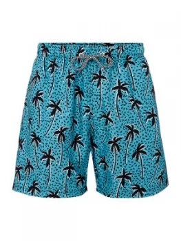Image of Mens Boardies Flair Palm Print Mid Length Swim Short Blue