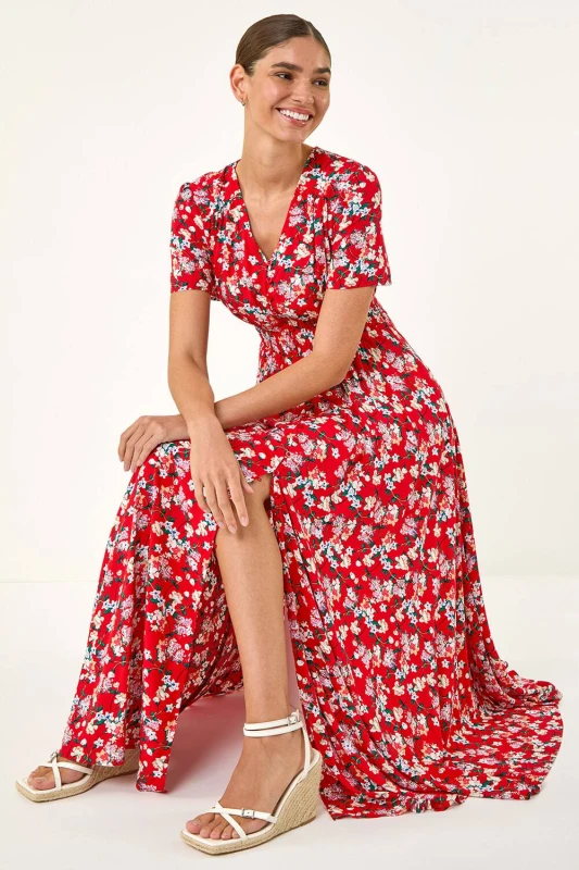 Image of Roman Womens Floral Print Button Maxi Dress in Red Size: 18 Red Female 18