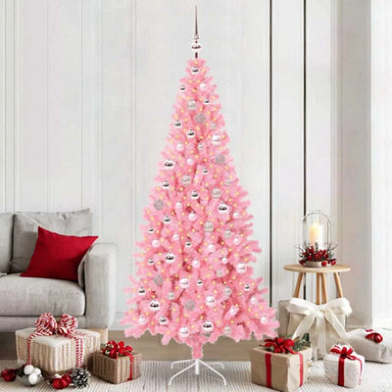 Image of vidaXL Christmas Tree with 300 LEDs, Pink Balls with Stand Pink 210cm PVC, Pink 3396440