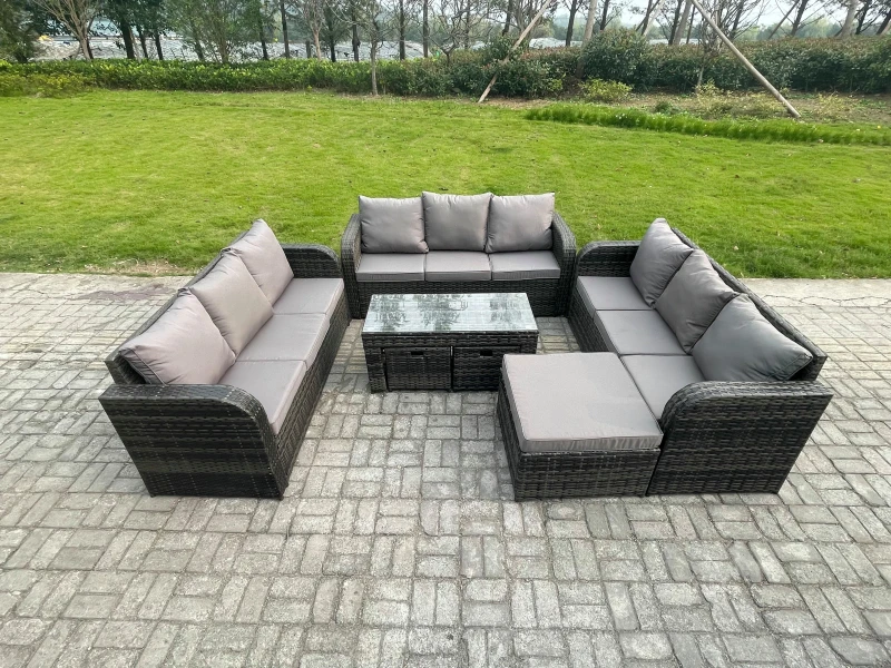 Image of Fimous 12 Seater Rattan Garden Furniture Set Indoor Outdoor Patio Sofa Set with Coffee Table 3 Footstools Dark Grey Mixed Dark Grey